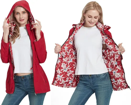 Vista 4 de RISISSIDA Women Reversible Floral Print Jacket Hooded Spring Fall Fashion, Casual Lightweight Waterproof Thin Transition Coat