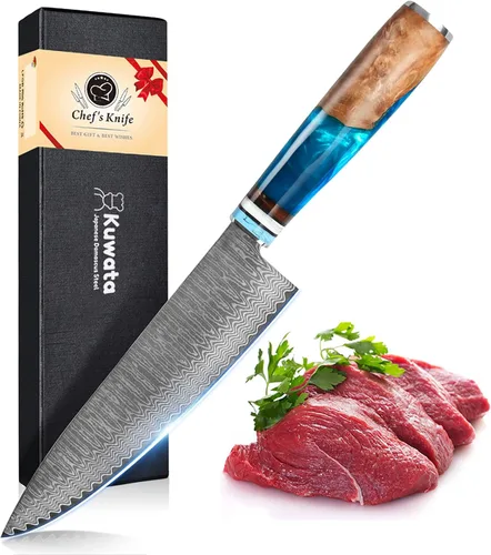 Vista 9 de Kuwata - Cuchillo Santoku profesional, cuchillo de cocina japonés de acero VG10 damasquinado, mango ergonómico de madera para chef, cuchillos