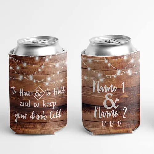 Vista 2 de Enfriadores de latas de boda personalizados "para tener y sostener y mantener tu bebida fría" nombres personalizados de novia y novio + fecha