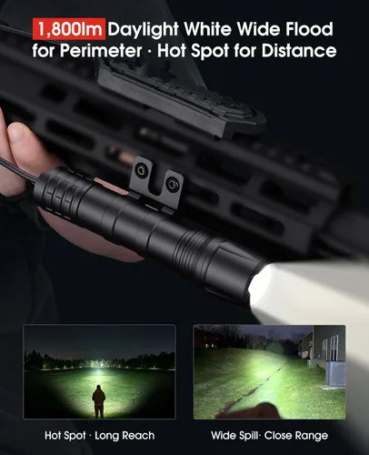 Vista 4 de EZshoot linterna táctica de 1800 lúmenes para rifle con interruptor de presión remoto compatible con M-Rail, linterna recargable impermeable IPX7