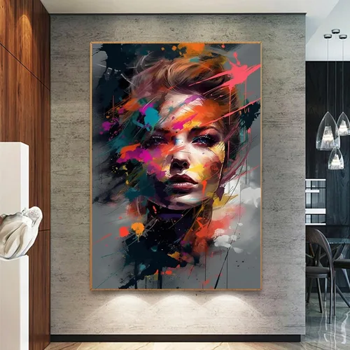 Vista 19 de Lienzo de mujer bohemio con impresiones femeninas, cuadro abstracto de niña, pintura moderna abstracta estética, arte de pared afroamericano