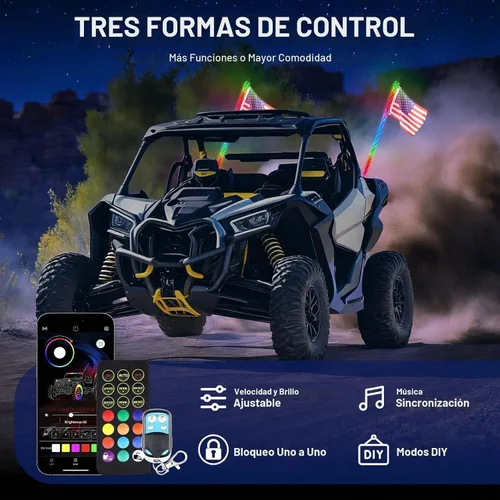 Vista 6 de Luces Whip Uemicip 2PCS 2FT Luces Whip LED RGB en Espiral para UTV, con Base de Resorte App y Control Remoto Inalámbrico RF, Antenas Whip Iluminadas
