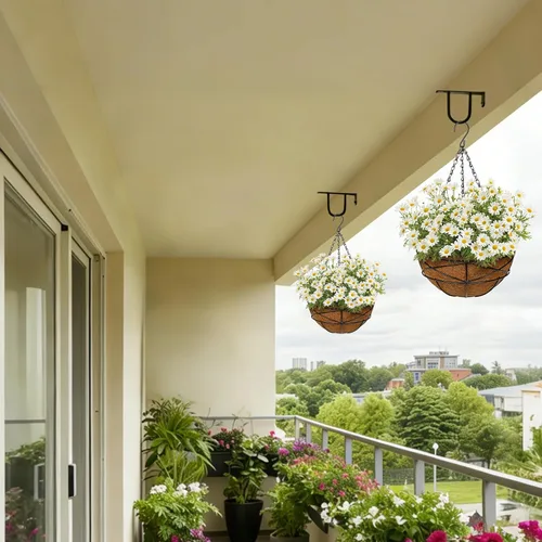 Vista 5 de Paquete de 2 cestas colgantes de metal de 10 pulgadas para plantas al aire libre, cesta colgante de alambre de metal con forro de fibra de coco