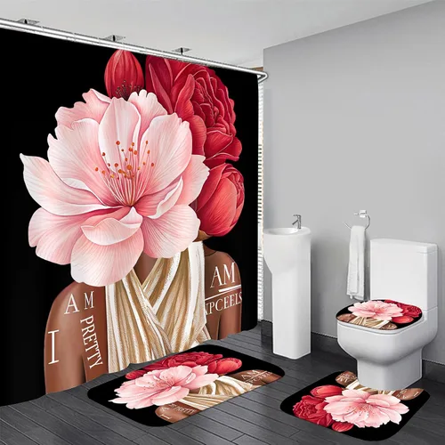 Vista 6 de Yddsky Juego de 4 cortinas de ducha rosa rosa con alfombras Flor rosa