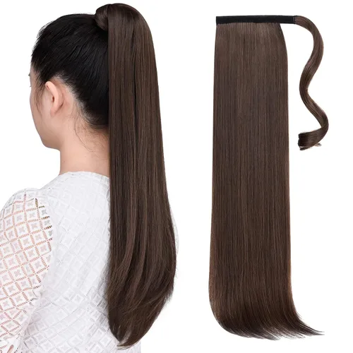 Vista 70 de Extensiones de cola de caballo, extensión de cola de caballo negra de 16 pulgadas, corta, ondulada, rizada, envolvente, resistente al calor