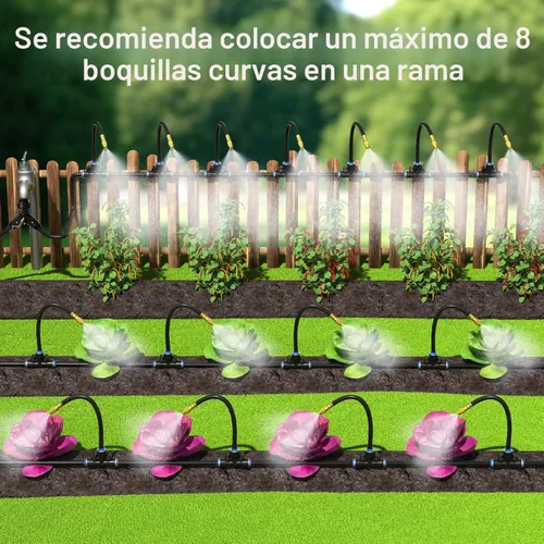 Vista 4 de Mixc Sistema de riego por goteo actualizado 2025, sin tubería de 1/4, solo 12 boquillas de cobre ajustables y conectores rápidos