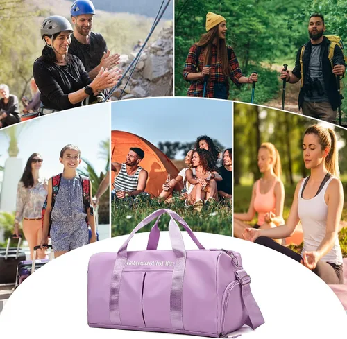 Vista 7 de Bolsa de lona personalizada, bolsa de viaje deportiva para gimnasio, con nombre bordado, con texto bordado, seco, húmedo, separado durante la noche