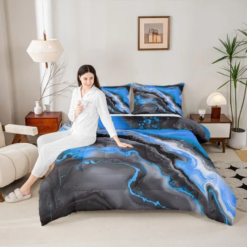 Vista 5 de Feelyou Juego de edredón abstracto para todas las estaciones, juego de ropa de cama negro y azul con 1 funda de almohada con estampado de mármol