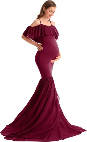 Vista 23 de MYRISAM Vestido de maternidad con volantes y hombros descubiertos para mujer, vestido de fiesta de sirena de gasa, vestido ajustado