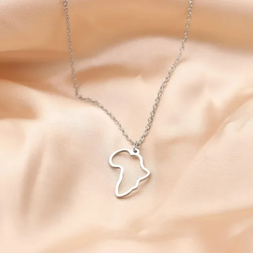 Vista 4 de Rrdaily Collar minimalista con colgante de mapa de África hueco de acero inoxidable para mujeres y niñas, collar de contorno de continente