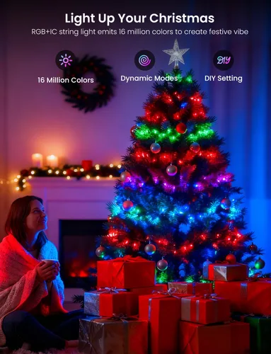 Vista 9 de Cadena de luces inteligentes RGB+IC con 200 LED, luces de Navidad para interiores que cambian de color, control por APP y control remoto, 84