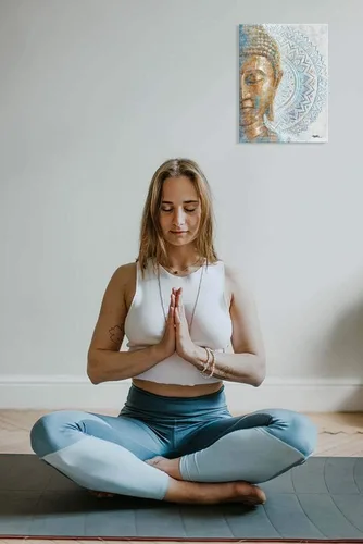 Vista 3 de Lienzo de Buda dorado para la pared: 3D texturizado mandala flor flor Buddha pintura Zen impresión en azul para yoga, meditación, sala de Buda
