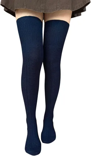 Vista 8 de Bestjybt Calcetines altos hasta el muslo para mujer de algodón con punto trenzado por encima de la rodilla, medias tipo bota, calentadores de Negro