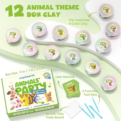 Vista 2 de Arcilla seca al aire para niños, arcilla de espuma para fiestas temáticas de 12 animales, kit de arcilla ultraligera para modelar, arte de bricolaje