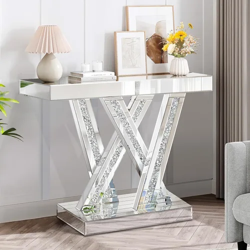 Vista 9 de Modernas mesas de consola de entrada con espejo con incrustaciones de diamante triturado dorado, mesa de pasillo plateada de 39.37 pulgadas de largo