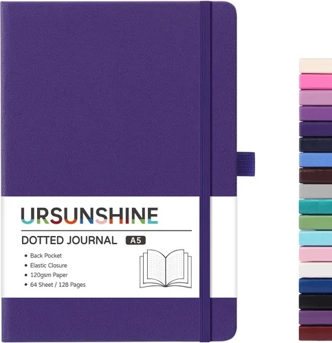 Vista 67 de Cuaderno punteado, diario, 5.3 x 8.26 pulgadas, tapa dura, prémium, papel grueso, doble espiral, bandas, cuero negro sintético, lazo para bolígrafo