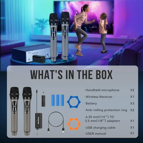 Vista 7 de NEW BAXS Micrófonos inalámbricos, sistema de micrófono dual de karaoke, Microfonos Inalambricos con receptor recargable, juego de micrófono dinámico