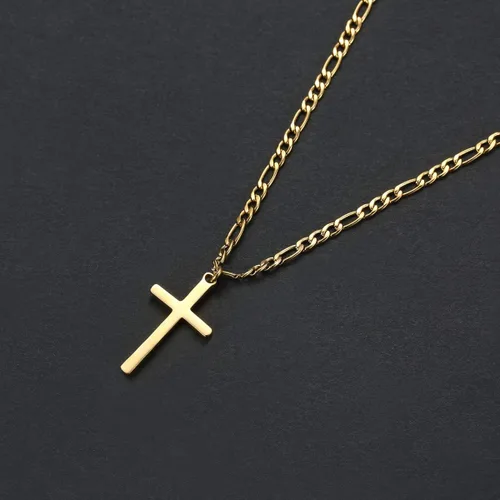 Vista 5 de Collar Tasbern de cruz acero inoxidable chapado en oro de 14 quilates con dije de cruz simple joyería religiosa regalo para niño y hombre
