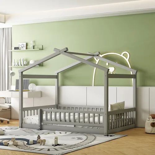 Vista 11 de Cama con dosel con valla, moderna cama de plataforma de madera maciza con cabecera y soporte de listones, moderna cama con paneles de 4 carteles Gris