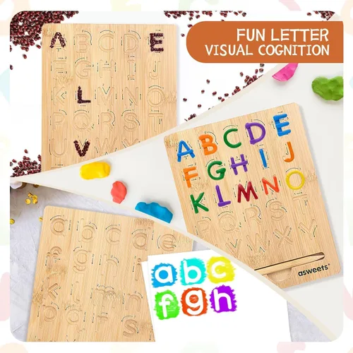 Vista 6 de Asweets Montessori - Tabla de trazado del alfabeto de madera, tablero de práctica de letras de madera, tableros de doble cara para niños pequeños
