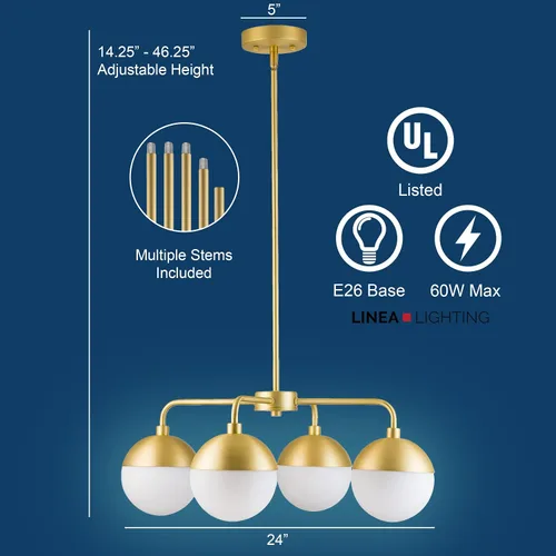 Vista 3 de Linea di Liara Novara - Candelabros dorados de 4 luces para comedor, lámpara sobre mesa, globo de vidrio, iluminación colgante de cocina, lámpara