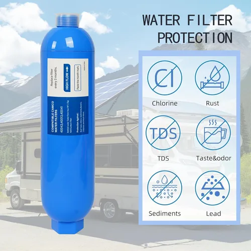 Vista 3 de Paquete de 2 filtros de agua para caravana con 2 protectores de manguera flexible, reduce mal sabor, olores, óxido, cloro, fluoruro y sedimentos