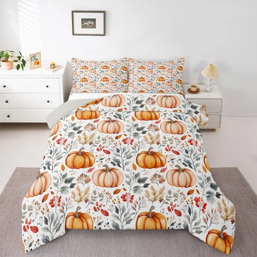 Vista 41 de Erosebridal Juego de edredón individual de pavo de Acción de Gracias, juego de ropa de cama de calabaza con hojas de otoño para niños y adultos