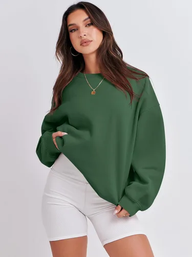 Vista 6 de ANRABESS Sudadera de manga larga para mujer, casual, cuello redondo, ajuste holgado, sudadera con capucha de forro polar para otoño