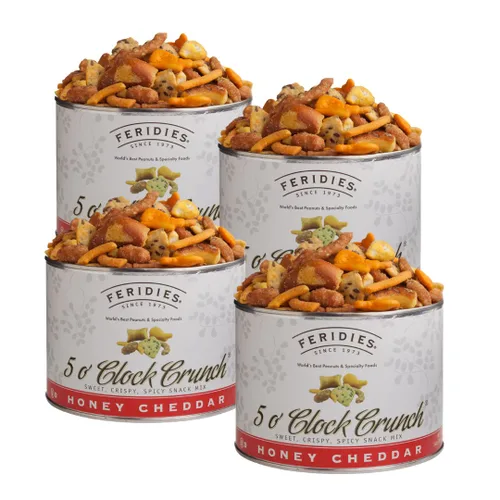 Vista 2 de FERIDIES Honey Cheddar 5 O'Clock Crunch Gourmet Mezcla de aperitivos dulces y picantes, lata de 6 onzas
