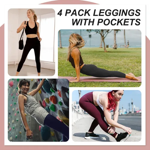 Vista 4 de NexiEpoch Paquete de 4 leggings para mujer con bolsillos, cintura alta, control de abdomen para entrenamiento, correr, yoga, talla regular y grande