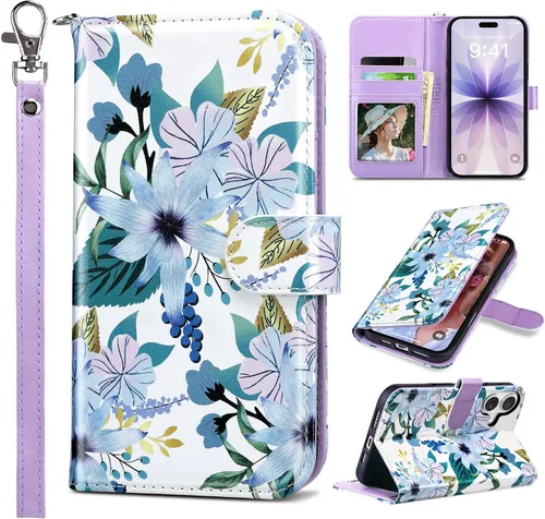 Vista 45 de ULAK Funda tipo billetera compatible con iPhone 15 para mujeres, funda tipo cartera con estampado floral de piel PU premium con porta tarjetas