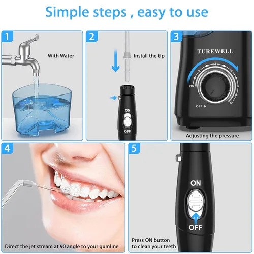 Vista 5 de TUREWELL - Hilo dental de agua para dientes/frenos, limpiador de dientes de agua con 8 puntas de chorro y 10 niveles de presión, irrigador bucal