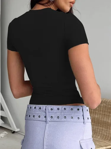 Vista 2 de Dwnval Camisetas básicas sexys para mujer, blusas de verano de manga corta con cuello redondo y ajuste entallado