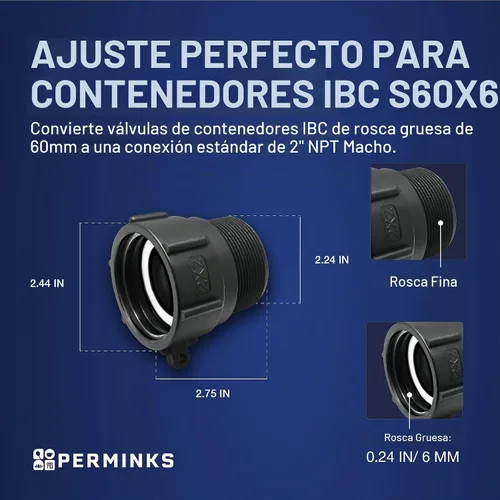 Vista 2 de IBC - Adaptador de mano, S60x6 de rosca gruesa de 2.3 pulgadas a NPT de 2 negro (1 unidad)
