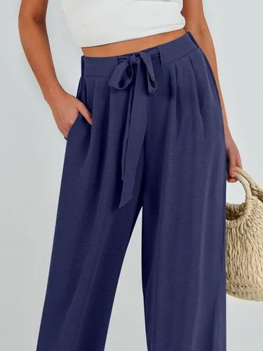 Vista 6 de Caracilia Pantalones palazzo de pierna ancha para mujer, de cintura alta, ajustables, con lazo, holgados, informales, con bolsillos