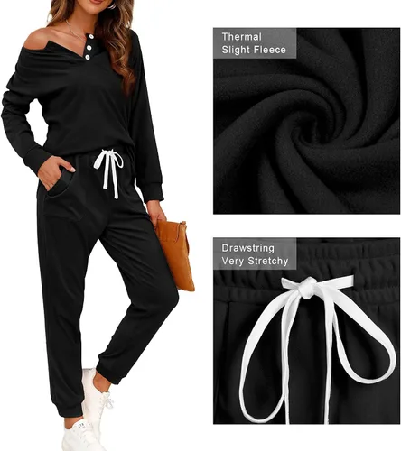 Vista 4 de WIHOLL Conjunto de dos piezas para mujer, conjunto de sudadera con botones y bolsillos