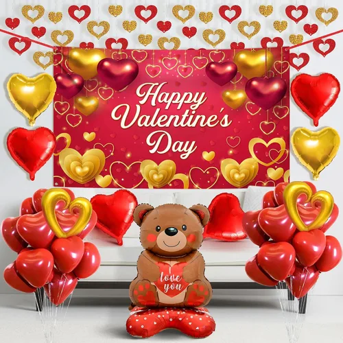 Vista 9 de KatchOn, Teddy Bear - Juego de globos con texto en inglés "I Love You", paquete de 55, 2000 pétalos de rosa roja con globos de corazón rojo
