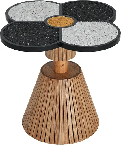 Vista 4 de Mesa auxiliar de trébol de cuatro hojas, mesa decorativa con base de grano de madera para sala de estar, dormitorio y espacios pequeños, natural