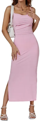 Vista 2 de LYANER Vestido midi de fiesta con tirantes delgados y abertura dividida sin mangas, cuello en V y cremallera