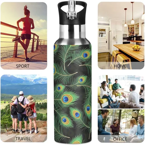 Vista 5 de Insulated Water Bottle 32 Oz, BPA-Free Sports Water Bottle with Straw for Gym Outdoor Travel School, Peacock Feather Black