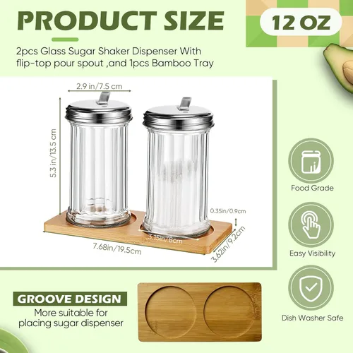 Vista 2 de FoldTier Dispensador de azúcar de vidrio con bandeja de 12 onzas, recipientes de azúcar de estilo retro con tapa de acero inoxidable para cafetería