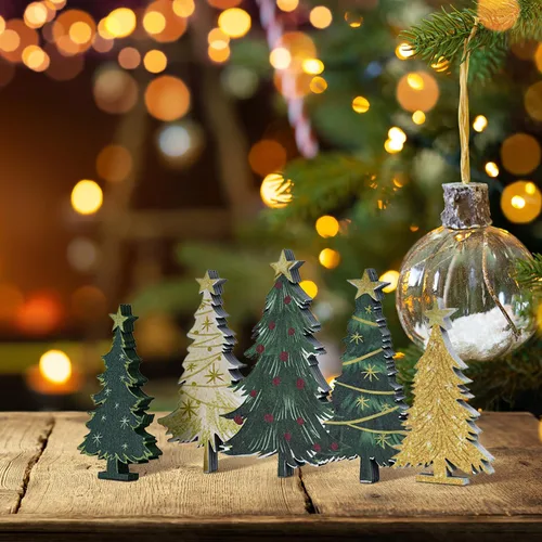 Vista 5 de 3 carteles de árboles de Navidad con bloques de madera de sonrisa Decoraciones de bandeja escalonada de nieve, para estante de mesa para el hogar