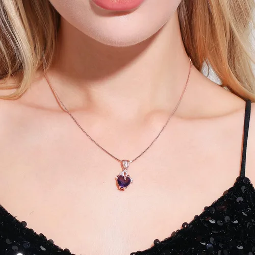 Vista 4 de AILUOR Elegante collar con colgante de amatista en forma de corazón, moda de lujo, oro rosa de 18 quilates, corazón de amor, joyería de cristal