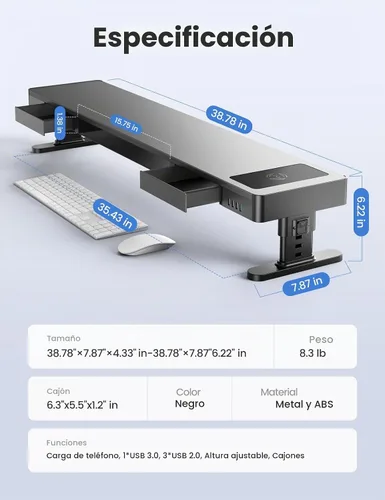 Vista 7 de meatanty Soporte de Monitor Doble con 4 Alturas Ajustables, Almohadilla de Carga Automática para Teléfono, 4 Puertos USB, Elevador de Computadora