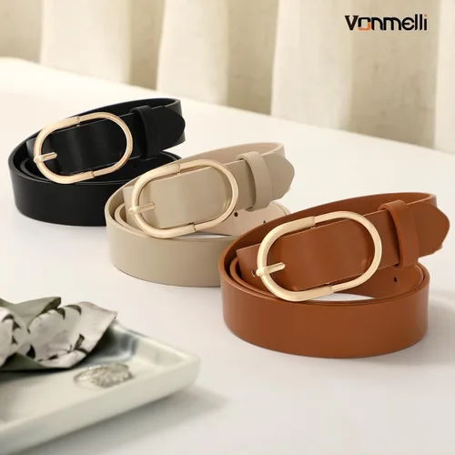 Vista 3 de VONMELLI Paquete de 3 cinturones de mujer para pantalones vaqueros, cinturón de vestir con hebilla dorada