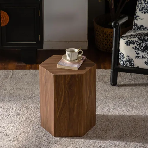 Vista 2 de Mesa auxiliar hexagonal de 15.75 pulgadas para sala de estar, grano de madera, sin montaje, nogal (15.75in-Walnut)