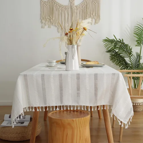 Vista 9 de Gernaice Mantel bordado de rayas rústicas con borlas cuadradas y pequeñas de algodón y lino, sin arrugas, lavable, para mesita de noche, café, Marrón