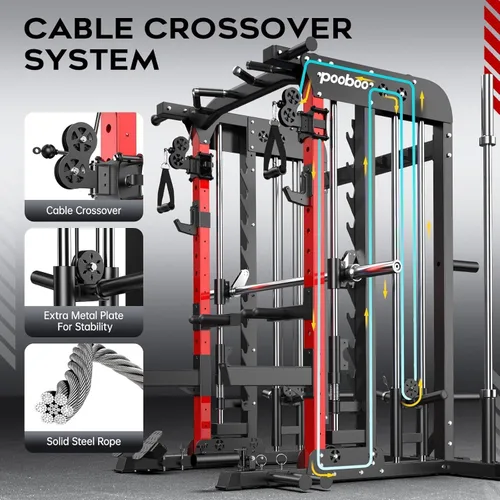 Vista 3 de pooboo Multi-Functional Machine Power Cage, 2000LB Squat Rack, LAT-Pull Down System, Dual Pulley Cable Crossover System, Home Gym Workout Machine