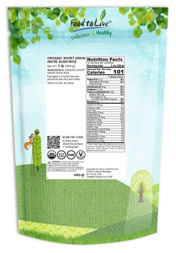Vista 2 de Food to Live Arroz orgánico de sushi blanco de grano corto, 1 libra, estilo japonés sin OMG, arroz perfectamente pegajoso, vegano, a granel. Fácil