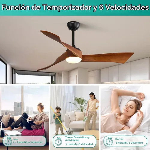 Vista 4 de Sofucor - Ventiladores de techo de 52 pulgadas con luces, ventilador de techo de madera sólida para interiores/exteriores con control remoto, motor